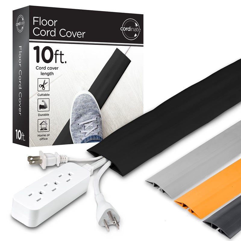 Cordinate 10ft Floor Cord Cover, Cable Protector, Hide Extension Cords, Protect Cords, Prevent Cable Trips, Heavy Duty Cord Hider - Cable Cavity = 0.75" (W) x 0.43" (H) - Black - Image 1
